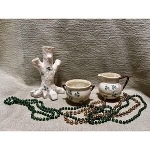 3 Belleek Irish Porcelain Shamrock Cauldron Sugar Bowl Creamer Tree Vase DAMAGED